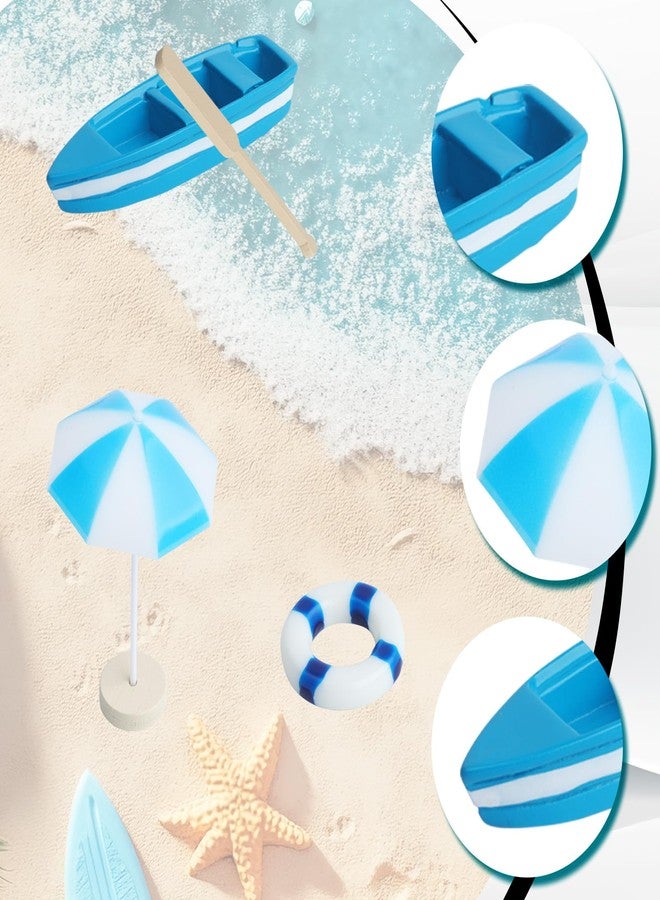 Begino 4 Sets of Miniature Rowboat Mini Blue Boat with Oars Figurines Micro Landscape Life Buoy Blue Beach Umbrellas Canoe Models Ocean Beach Scene Ornaments - Image 3